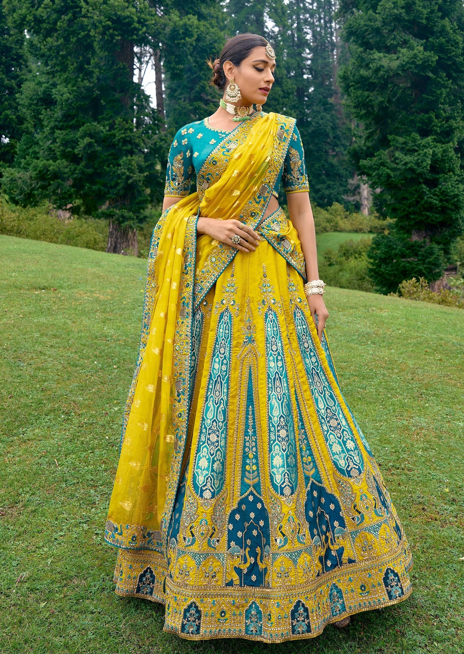Yellow and blue combination lehenga choli for bride haldi and bridal wedding with price online usa uk.