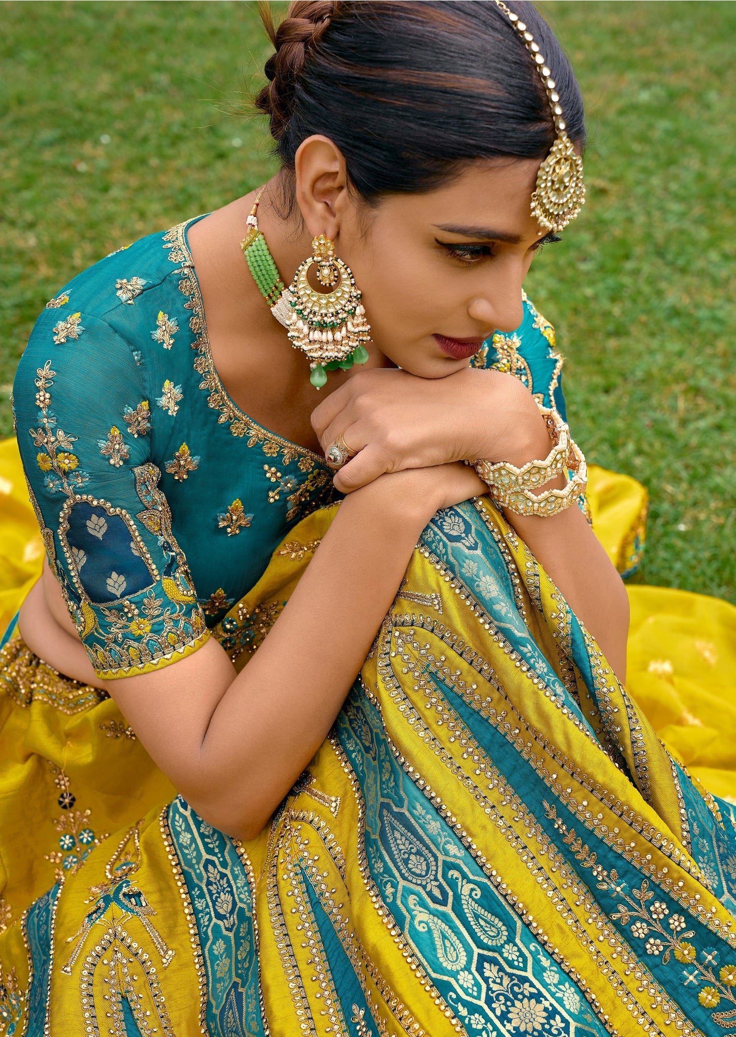 Yellow and blue combination lehenga choli for bride haldi and wedding with price online usa.