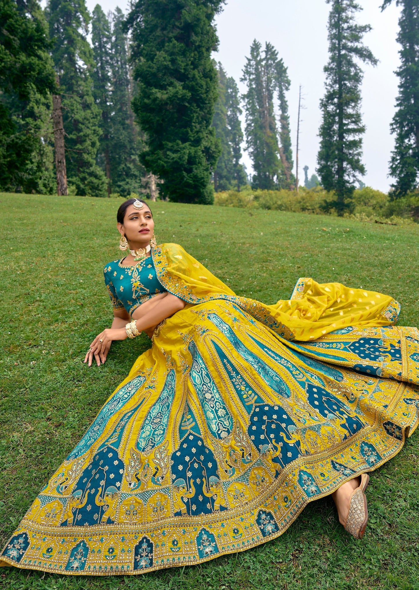 Yellow and blue combination lehenga choli for bride haldi wedding with price online usa.