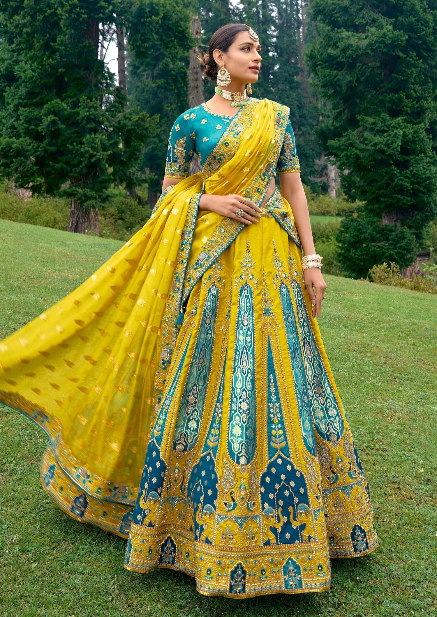 Yellow and blue combination lehenga choli for bride haldi and wedding with price.