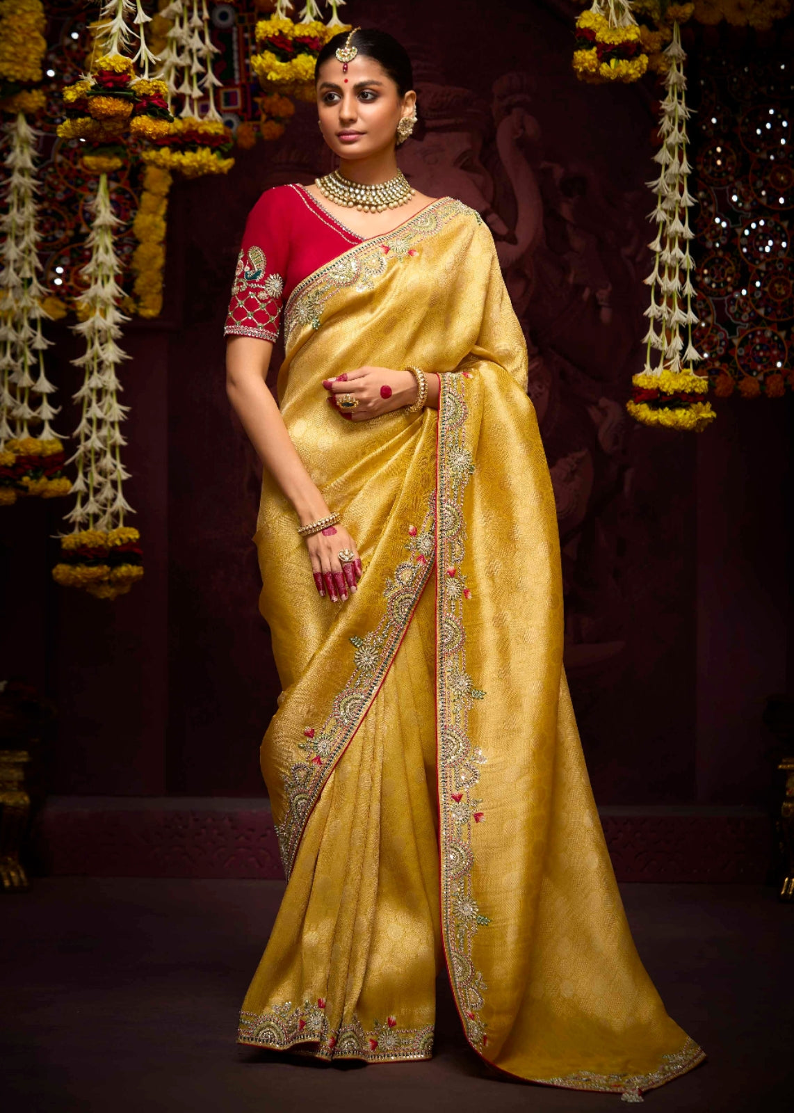 Yellow and red banarasi silk handloom saree online shopping with handwork embroidery designs.