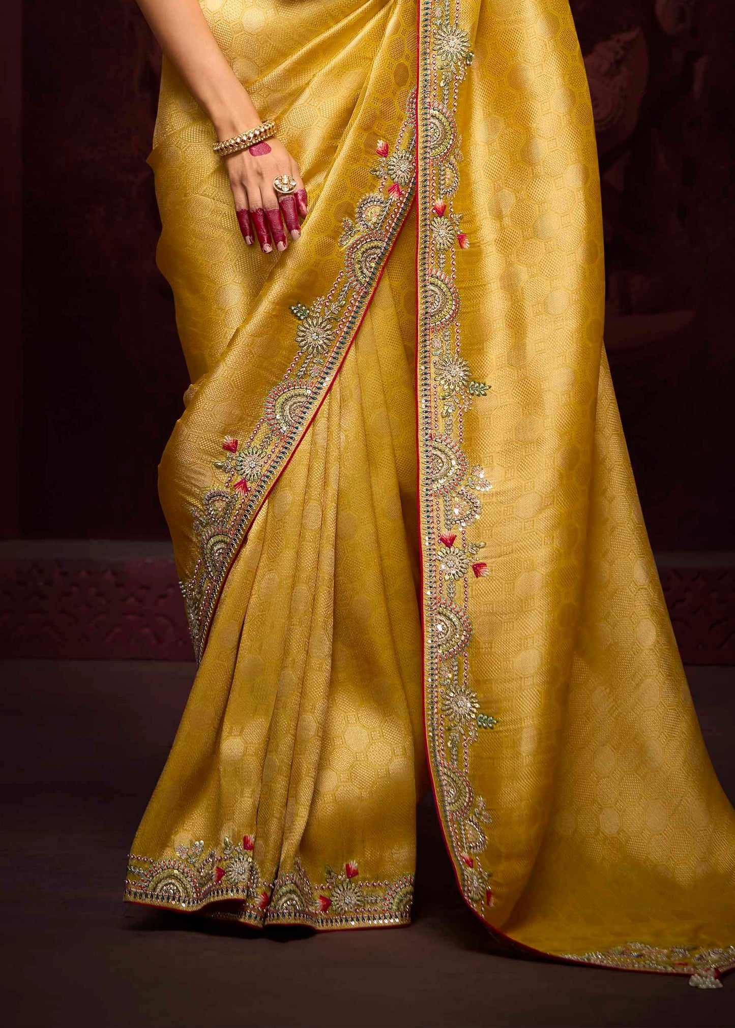 Shop yellow banarasi silk handwork embroidery saree designs online at best price.