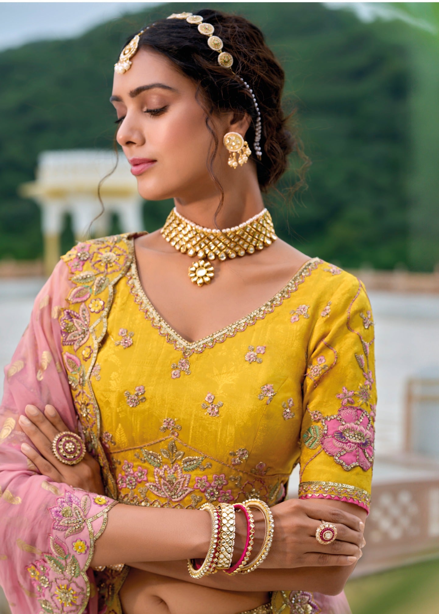 Yellow banarasi silk lehenga choli in usa online shopping for haldi ceremony look of Indian bride.