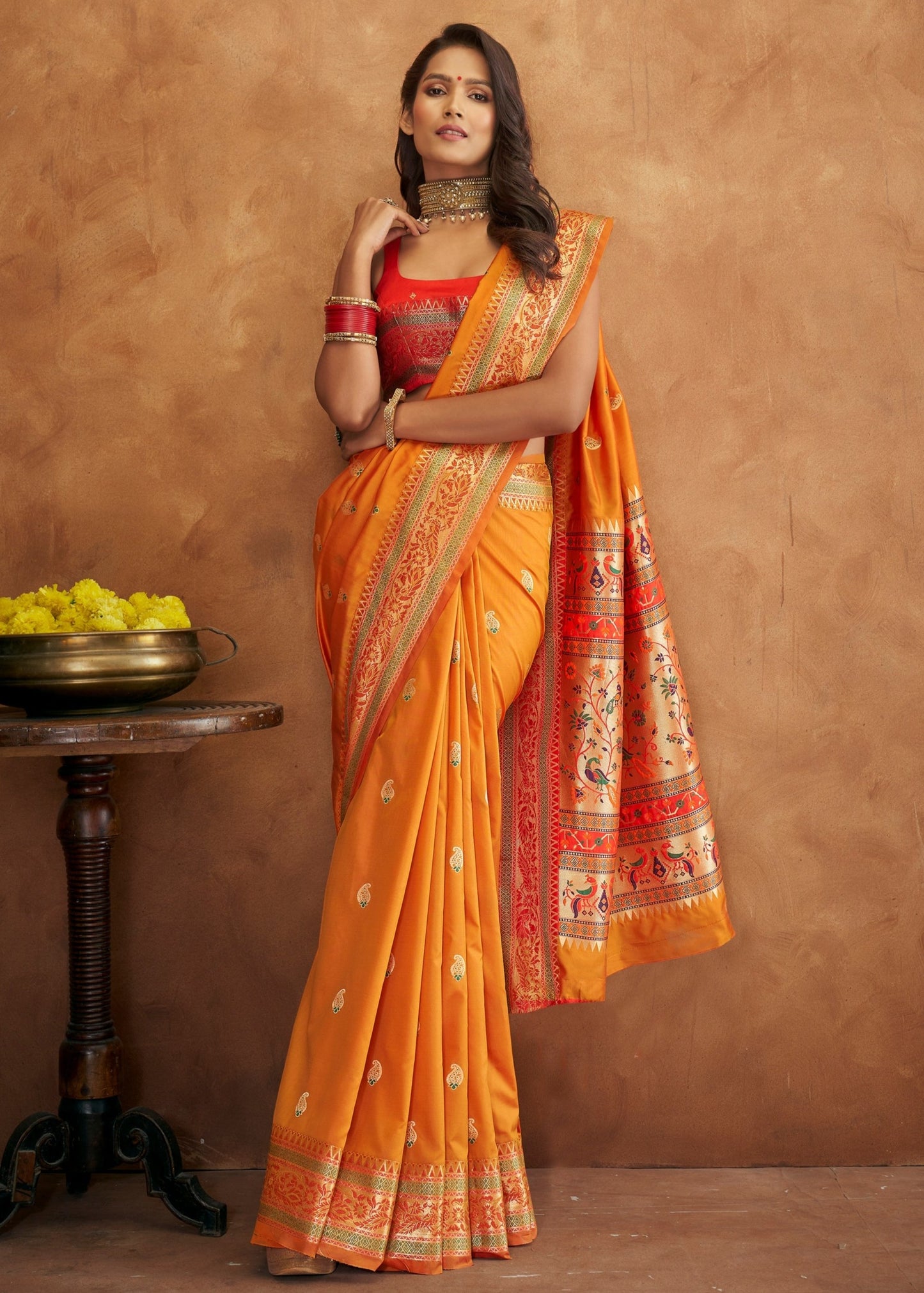 Yellow paithani silk saree with contrast red blouse online shopping.