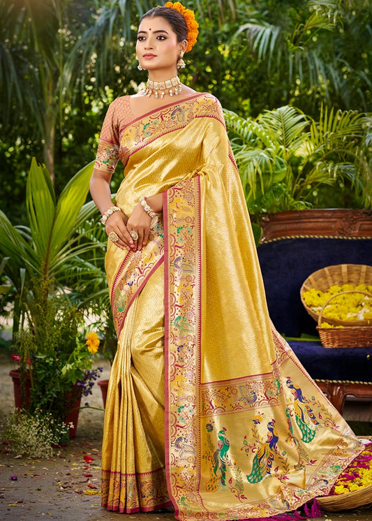 Golden Yellow Paithani Silk Saree With Peacock Motifs