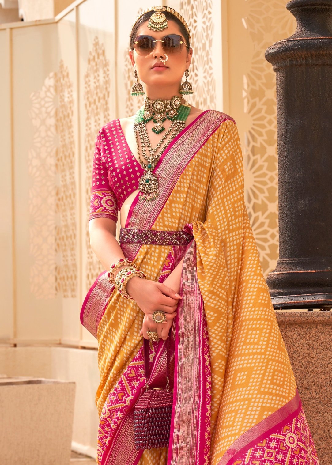 Yellow patola silk saree with pink blouse usa online shopping for casual wear.