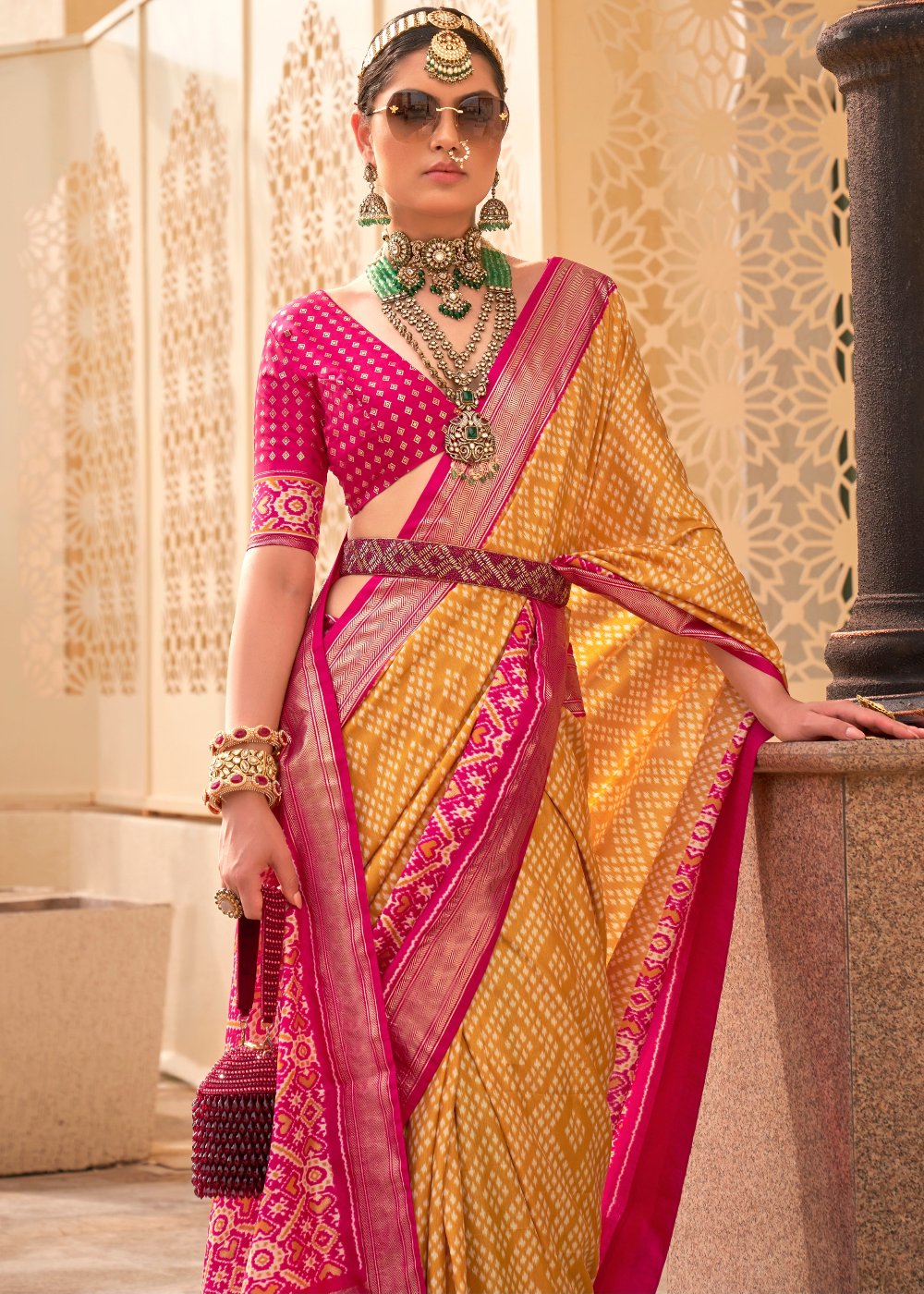 Yellow patola silk saree with pink blouse usa online shopping price.