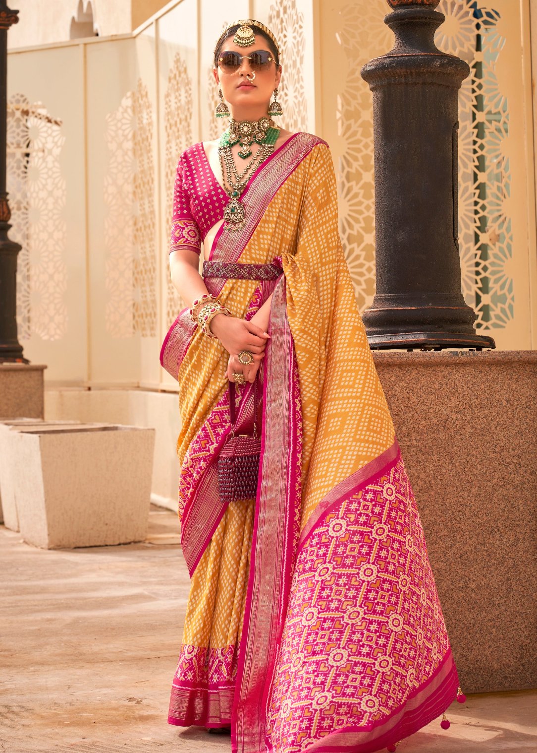 Yellow patola silk saree with pink blouse usa online shopping for office wear & festive wear.