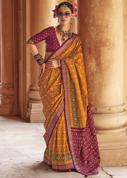 Yellow Designer Patola Silk Saree With Contrast Maroon Blouse