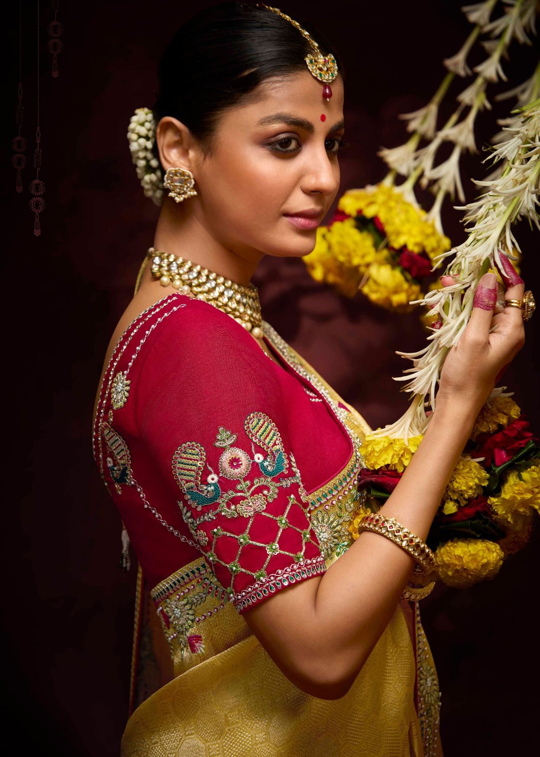 Yellow and red banarasi silk bridal saree online with handwork embroidery and sequins work.