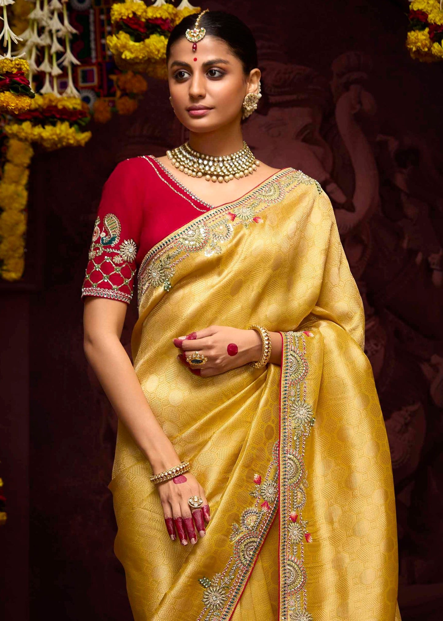 Yellow and red embroidery work banarasi silk saree online shopping for wedding function look.