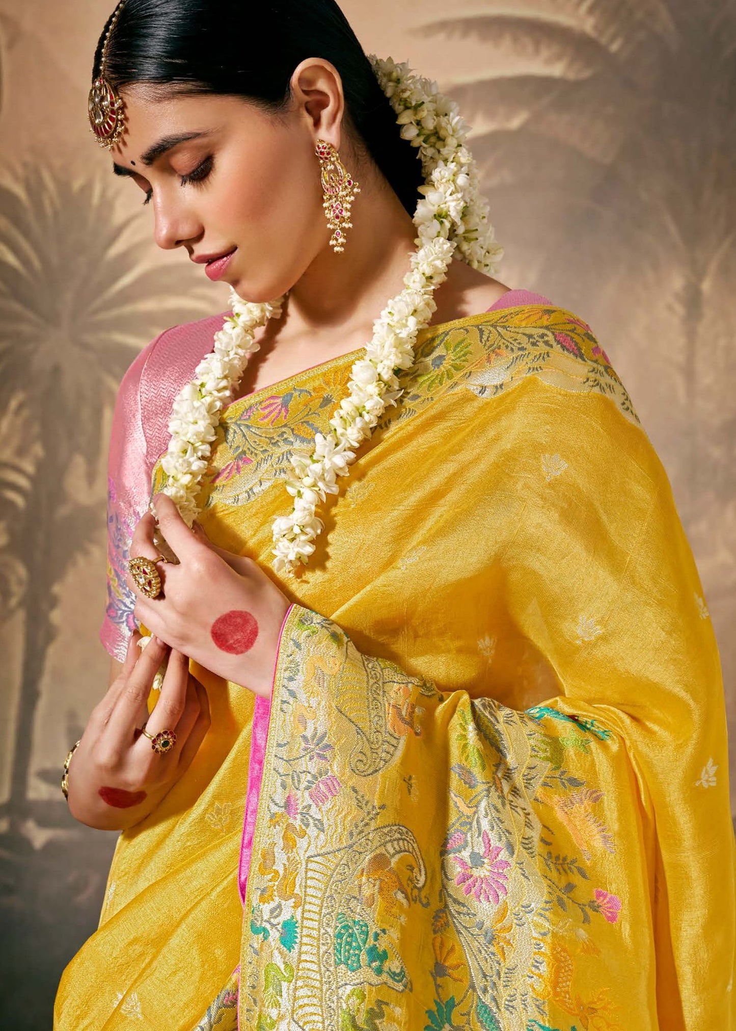 Yellow banarasi silk saree with pink blouse online shopping for bride.