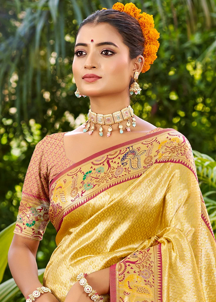 Woman in traditional yellow silk saree available in singapore with intricate peacocl patterns, standing against a green leafy background.