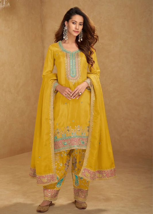 Yellow Simar Silk Narrow Pant Suit Set With Dupatta