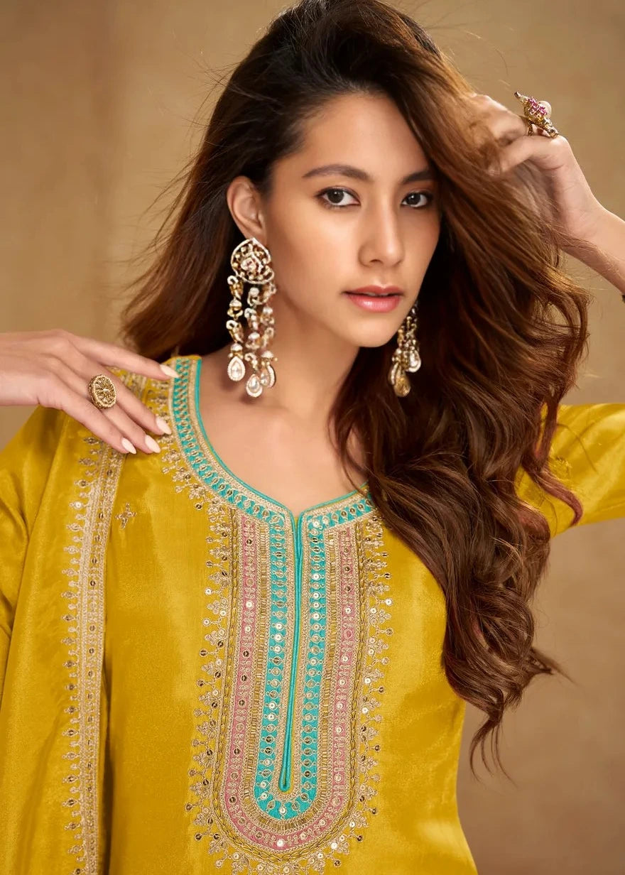 Yellow Simar Silk Narrow Pant Suit Set With Dupatta