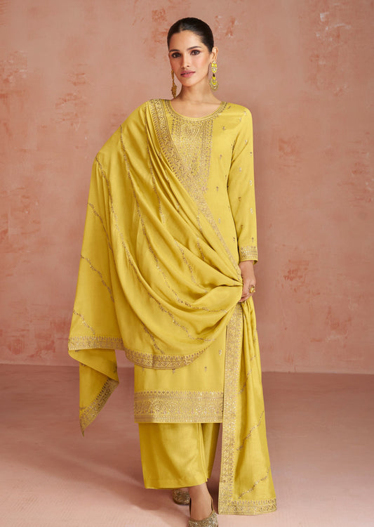 Yellow silk unstitched salwar suit material set luxury designs online for women uk.