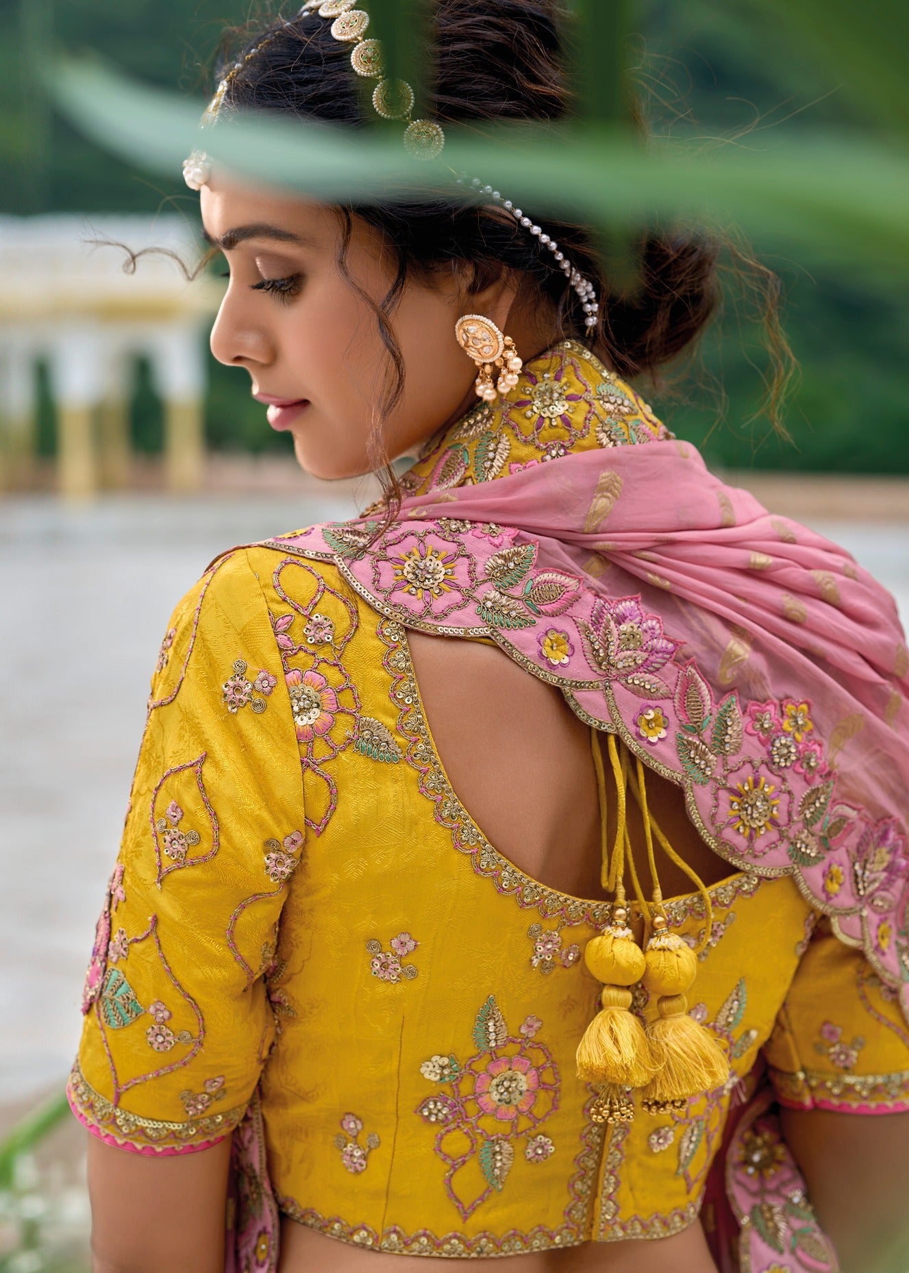 Yellow banarasi silk lehenga choli in usa online shopping for haldi.