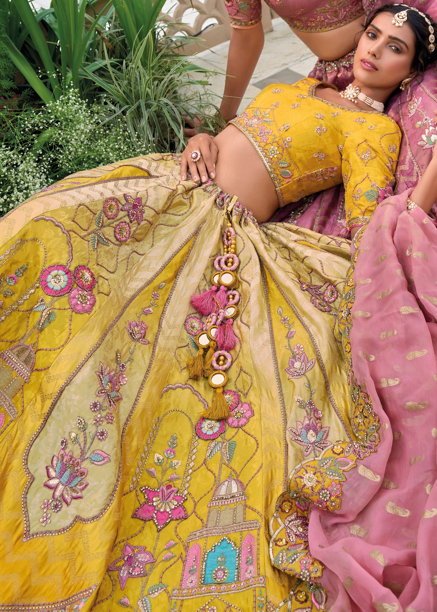 Yellow banarasi silk lehenga choli in usa online shopping for haldi ceremony look of Indian bride in traditional design with embroidery work.