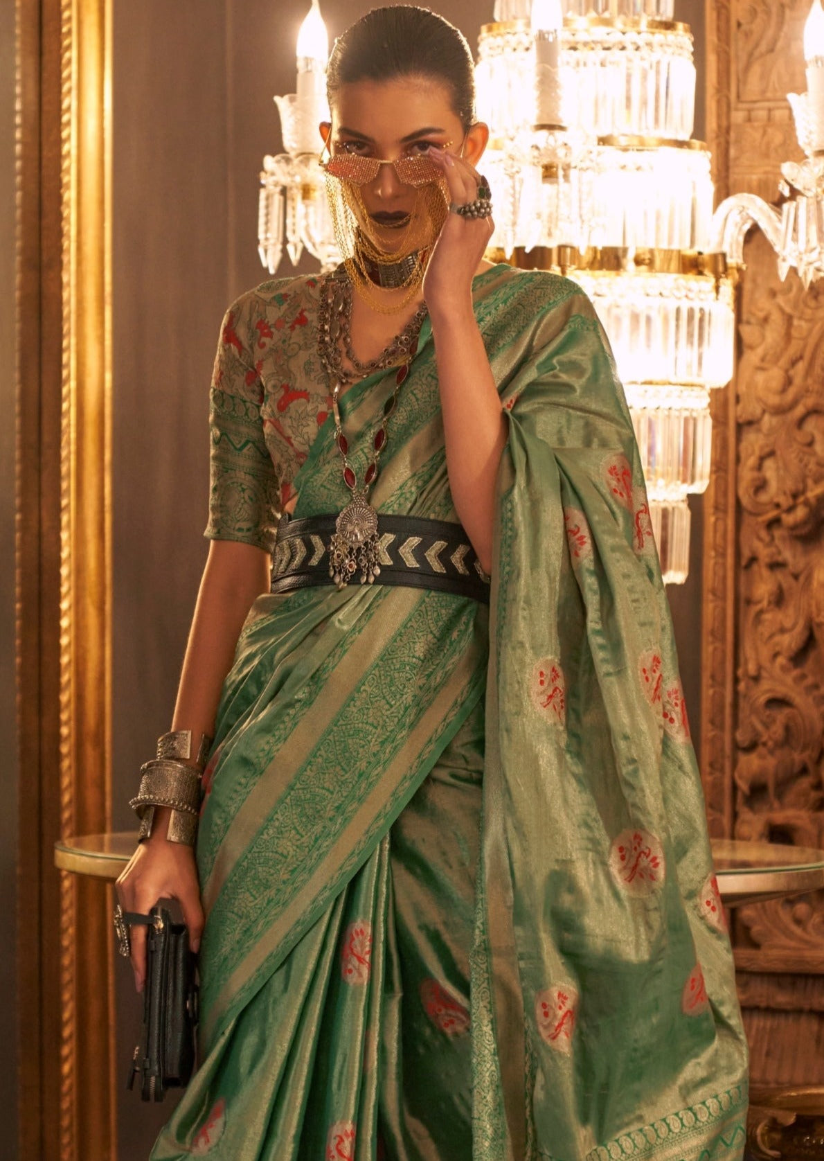 Woman green color banarasi silk saree blouse online shopping.