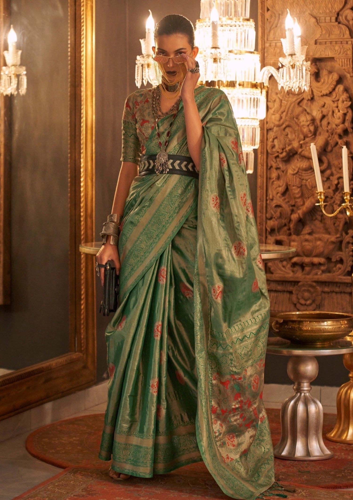 Woman's pure handloom banarasi silk green zari saree blouse online shopping.