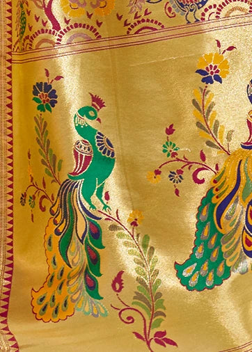 Golden Yellow Paithani Silk Saree With Peacock Motifs
