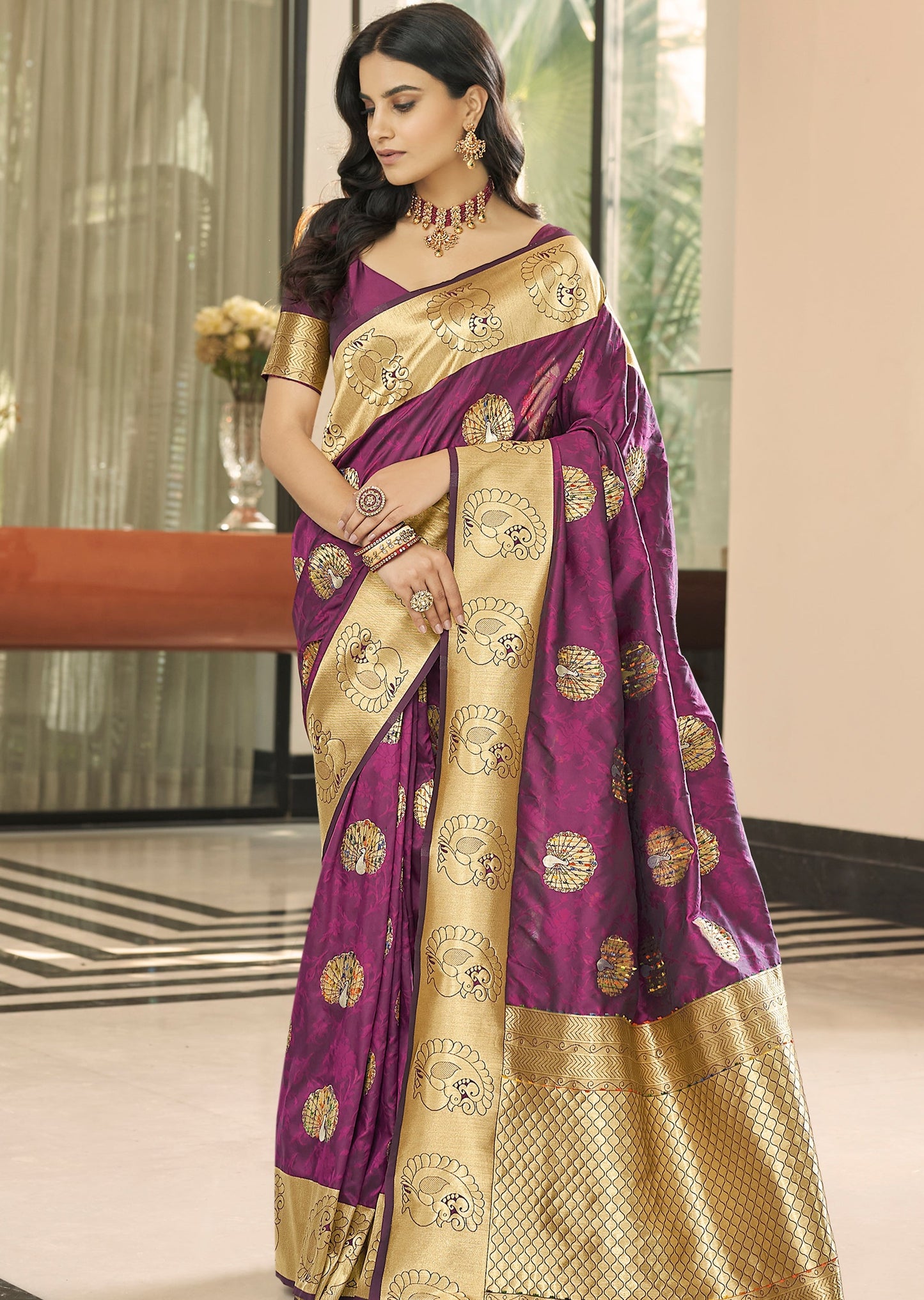 Magenta pink Banarasi saree online