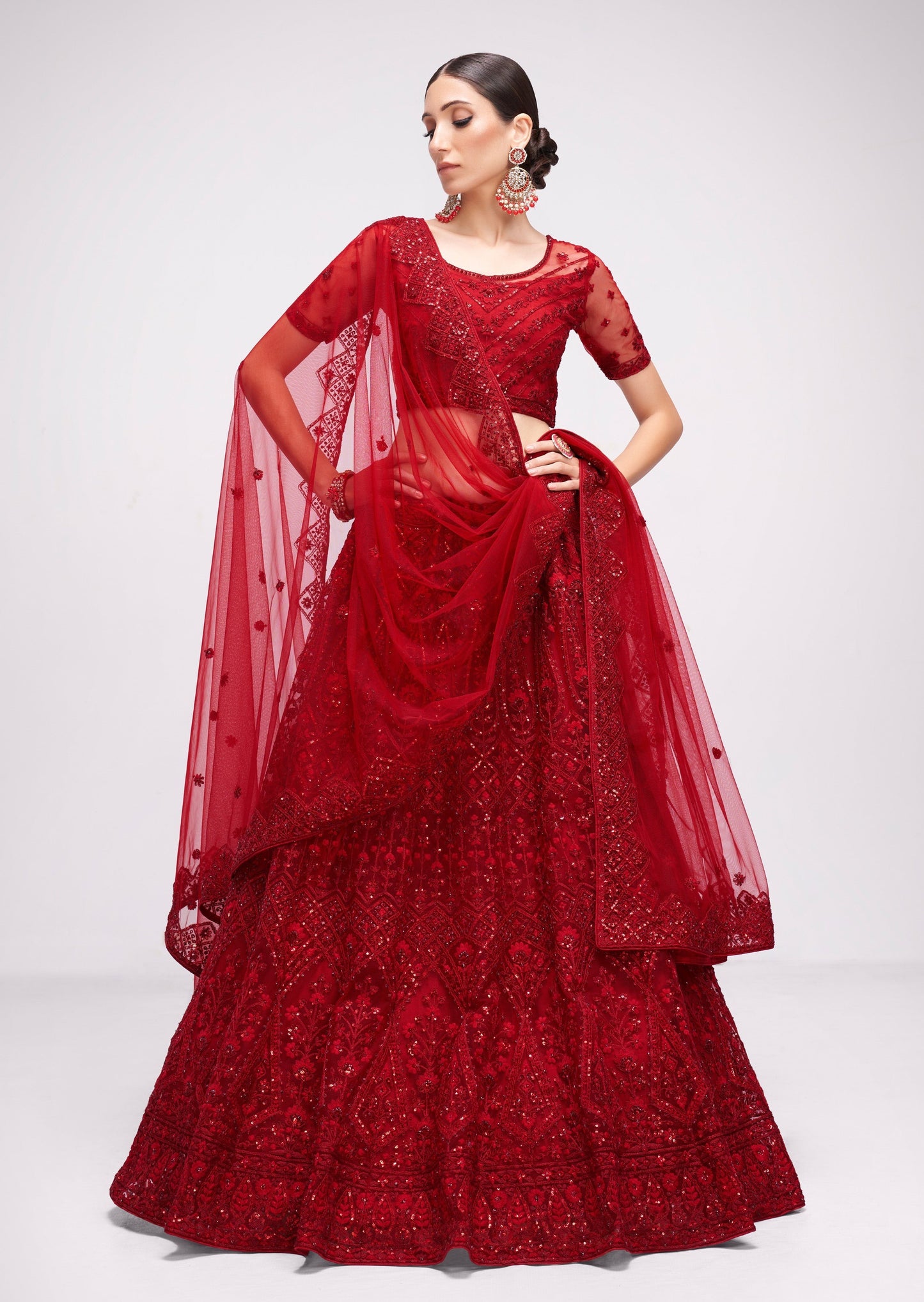 Sabyasachi Inspired Red Net Bridal Lehenga Choli Online India USA