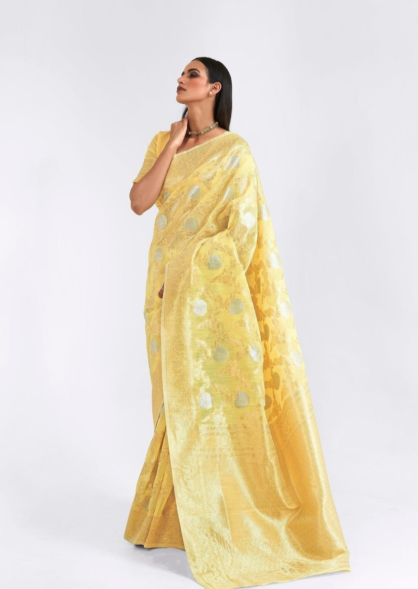 Yellow linen saree with Zari work