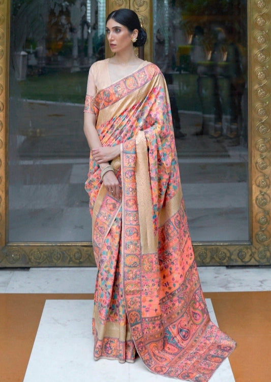 Bridal kashmiri jamawar silk peach pashmina saree online.