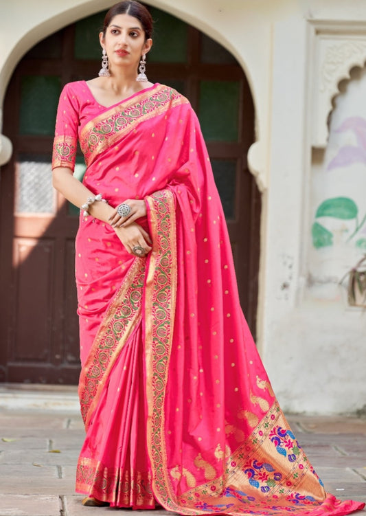 Pure Paithani Silk Rose Pink Handloom Saree