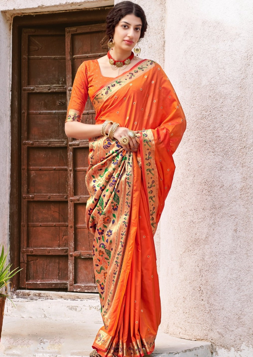Shrisha Paithani Silk Saffron Orange Saree