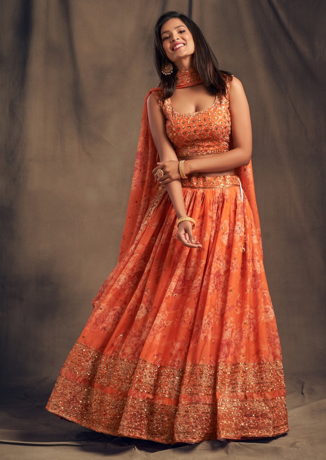 Buy Orange Dull Satin Silk Digital Print Wedding Wear Lehenga Choli Online