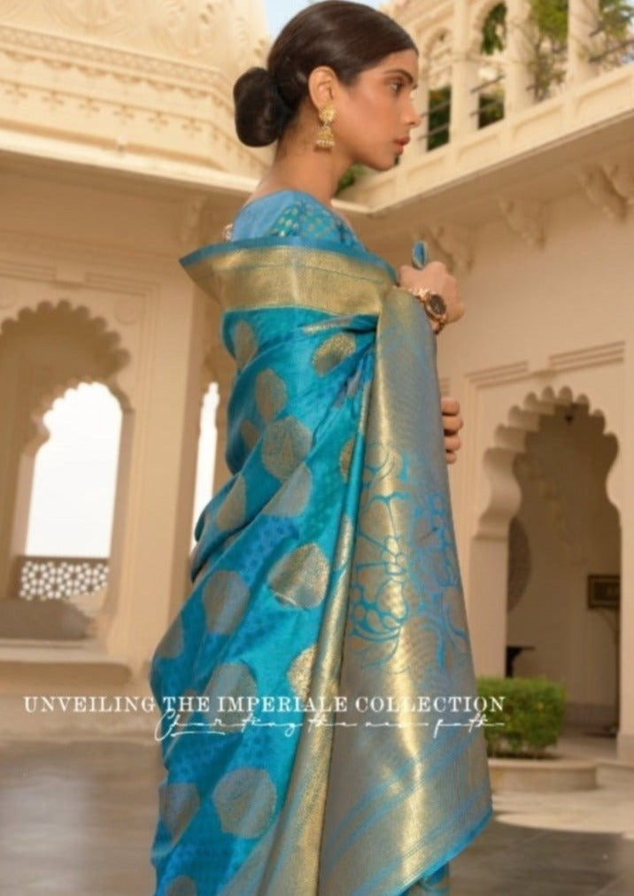 Handloom banarasi silk cyan blue saree online shopping price.