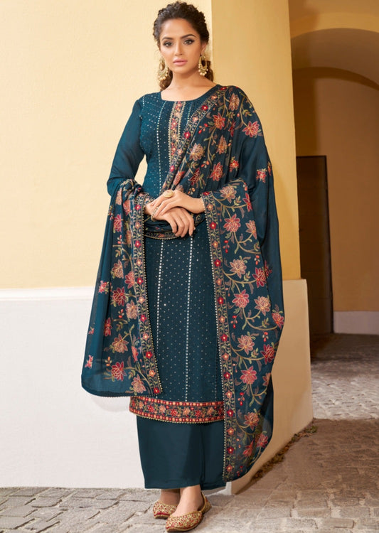 Georgette Teal Blue Salwar Suit