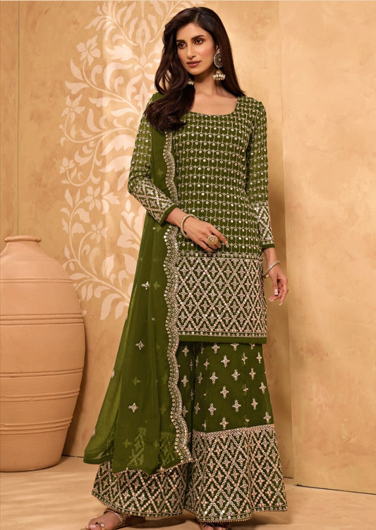 Kani Georgette Mehendi Green Sharara Suit