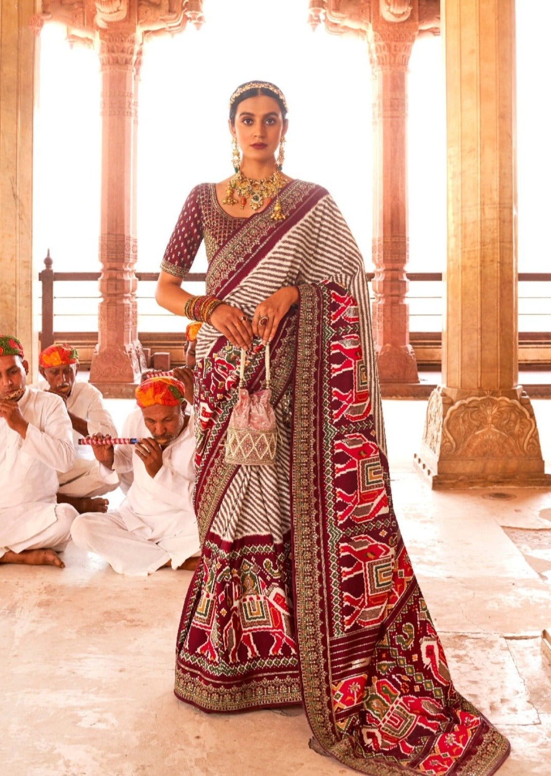 White and Maroon Red Sequins Patola Saree