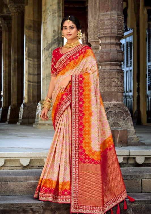 Orange and Maroon Checks Bandhej Saree in Chiffon - SAEJ3375 from...