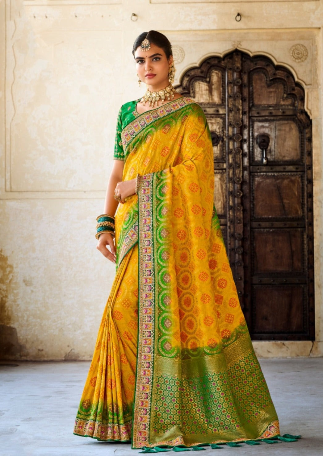 Banarasi Patola Silk Bright Yellow Bridal Saree
