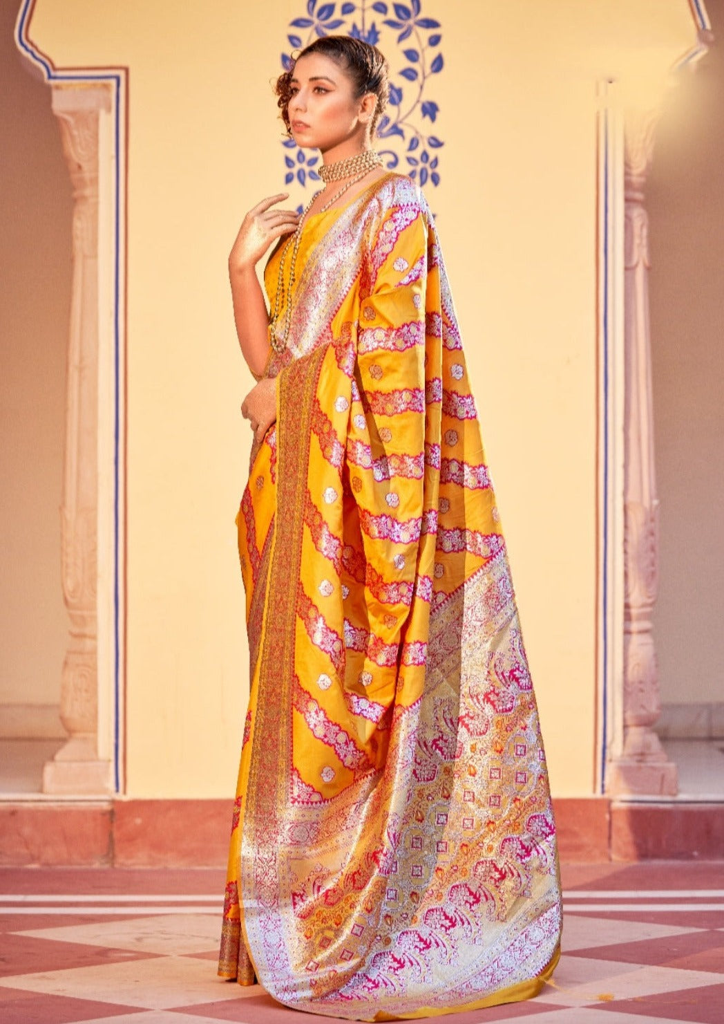 Yellow banarasi saree for haldi ceremony function online shopping.