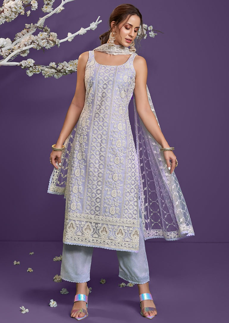 Lucknowi Thread Embroidery Lavender Purple Net Suit