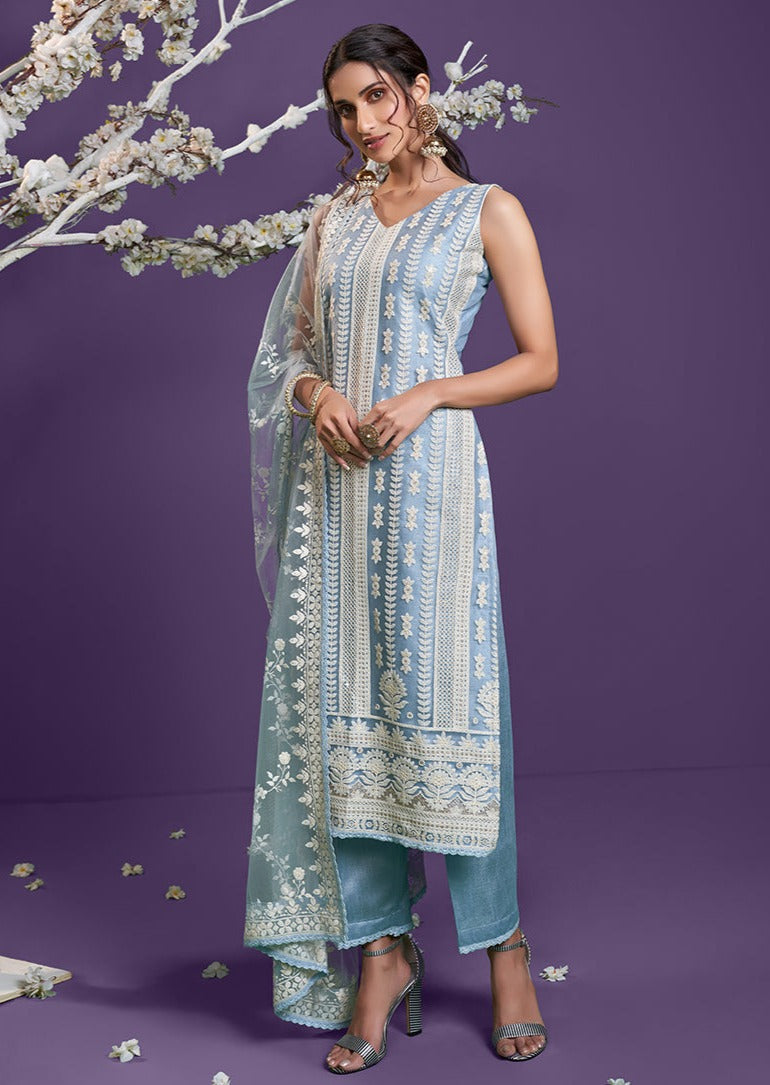 Lucknowi Thread Embroidery Blue Net Suit