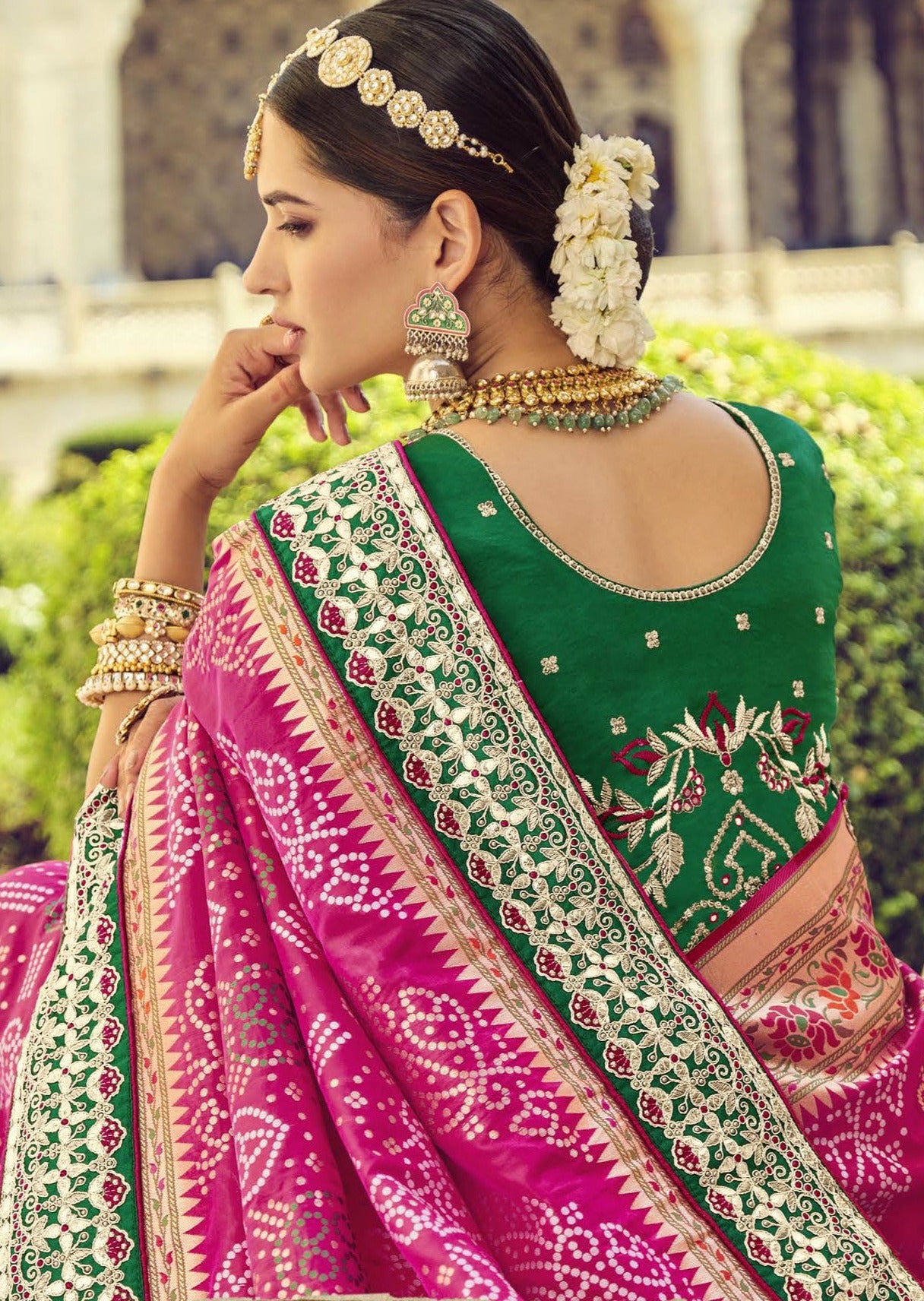 Bandhani Patola Banarasi Silk Pink Bridal Saree