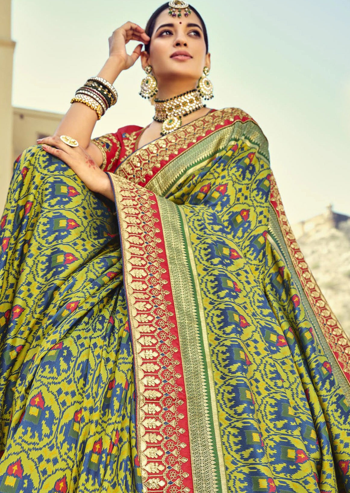 Double Ikat Patola Silk Lawn Green Bridal Saree