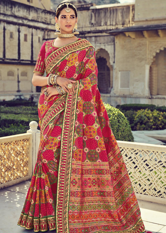 Bandhani Patola Banarasi Silk Red Multicolor Bridal Saree