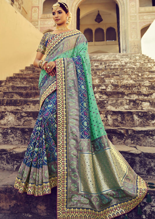 Double Ikkat Patola Silk Two Tone Blue Bridal Saree