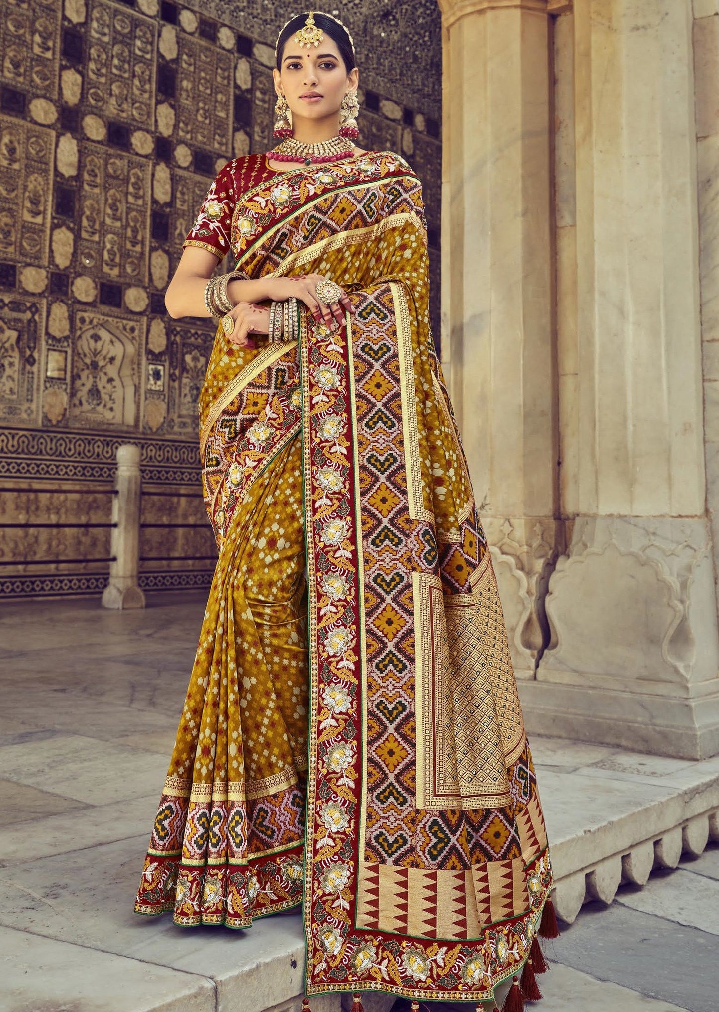 Patola Silk Mustard Yellow Resham Work Saree