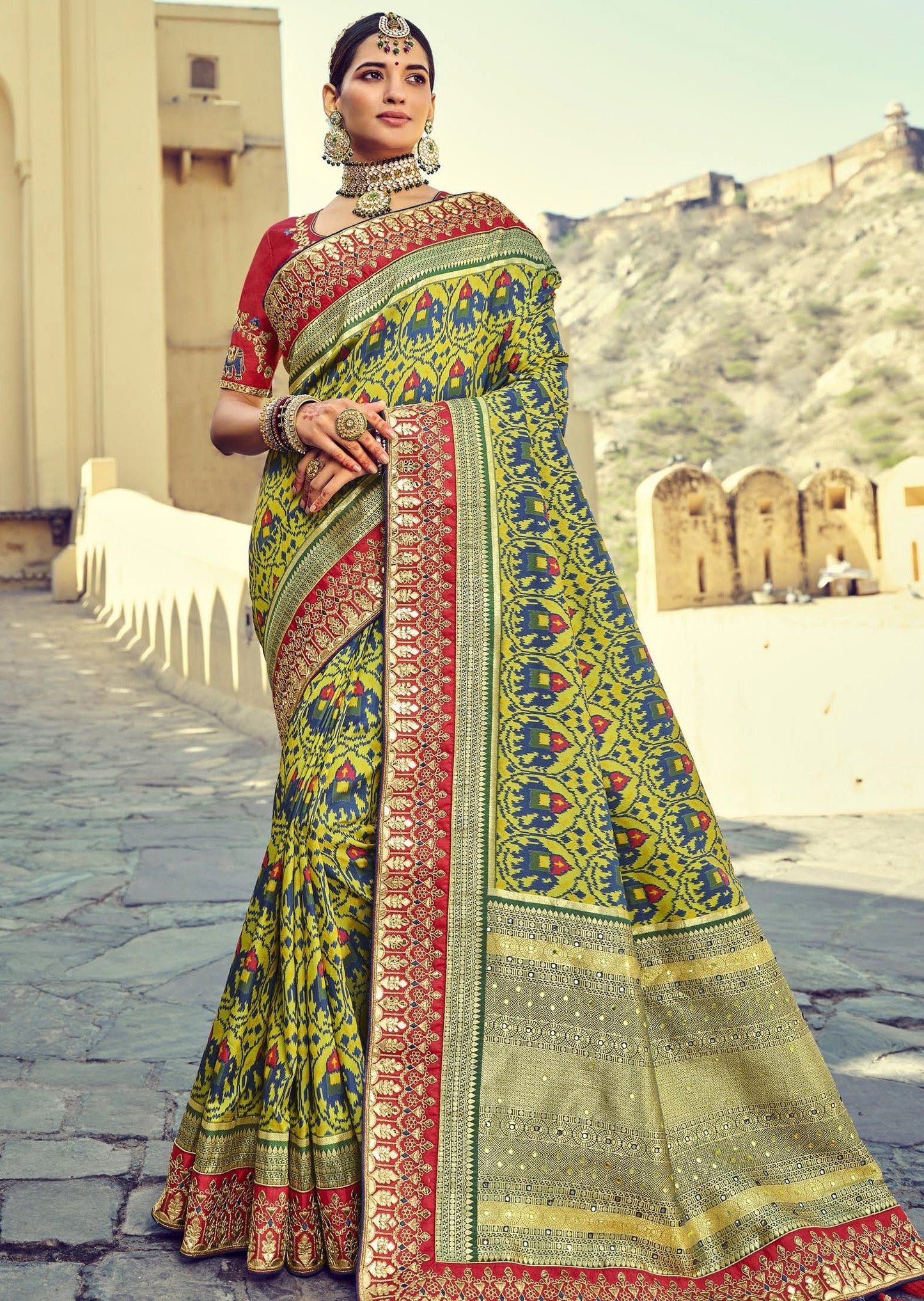 Double Ikat Patola Silk Lawn Green Bridal Saree