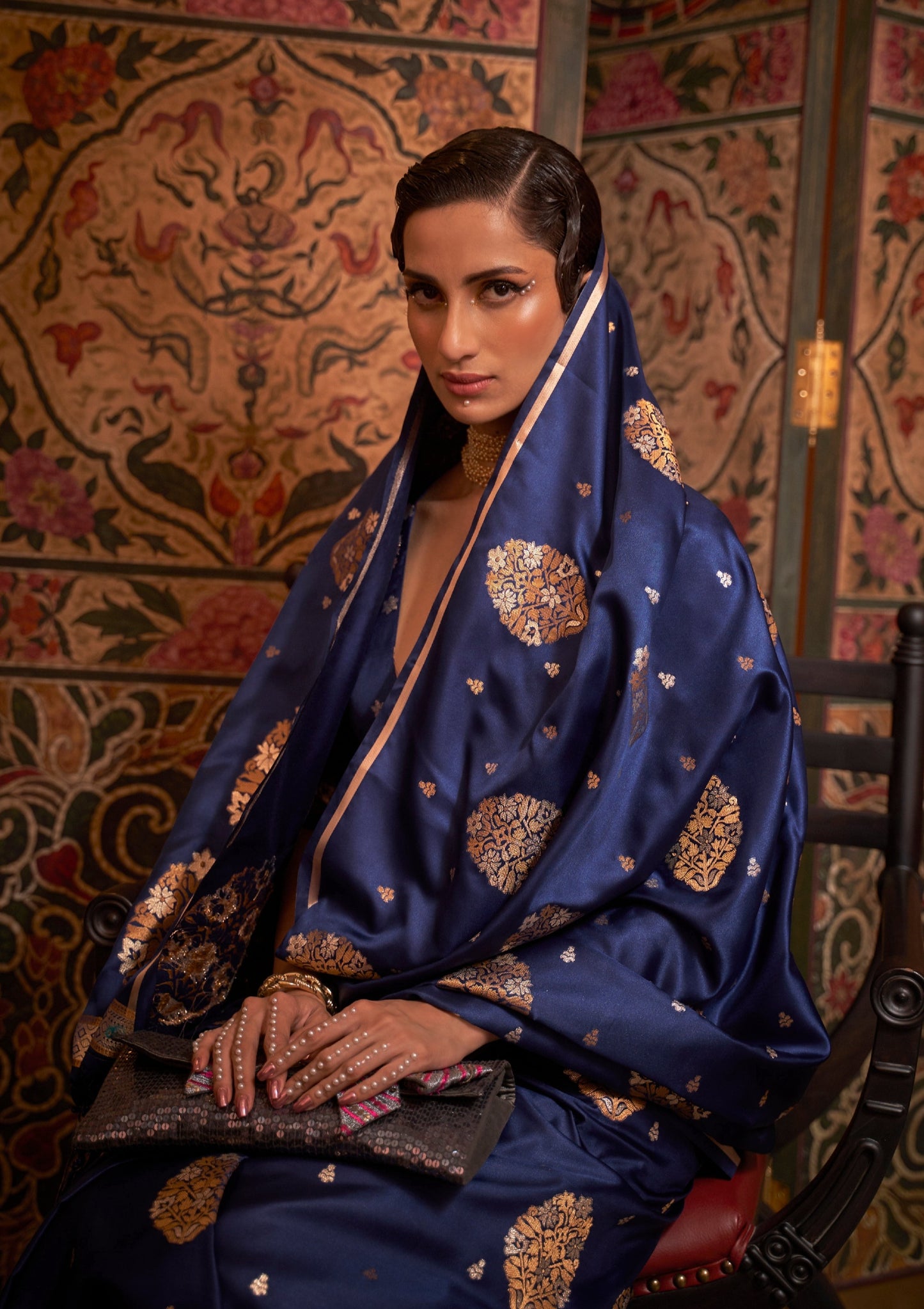 Copper Zari Weaving Pure Satin Silk Indigo Blue Saree