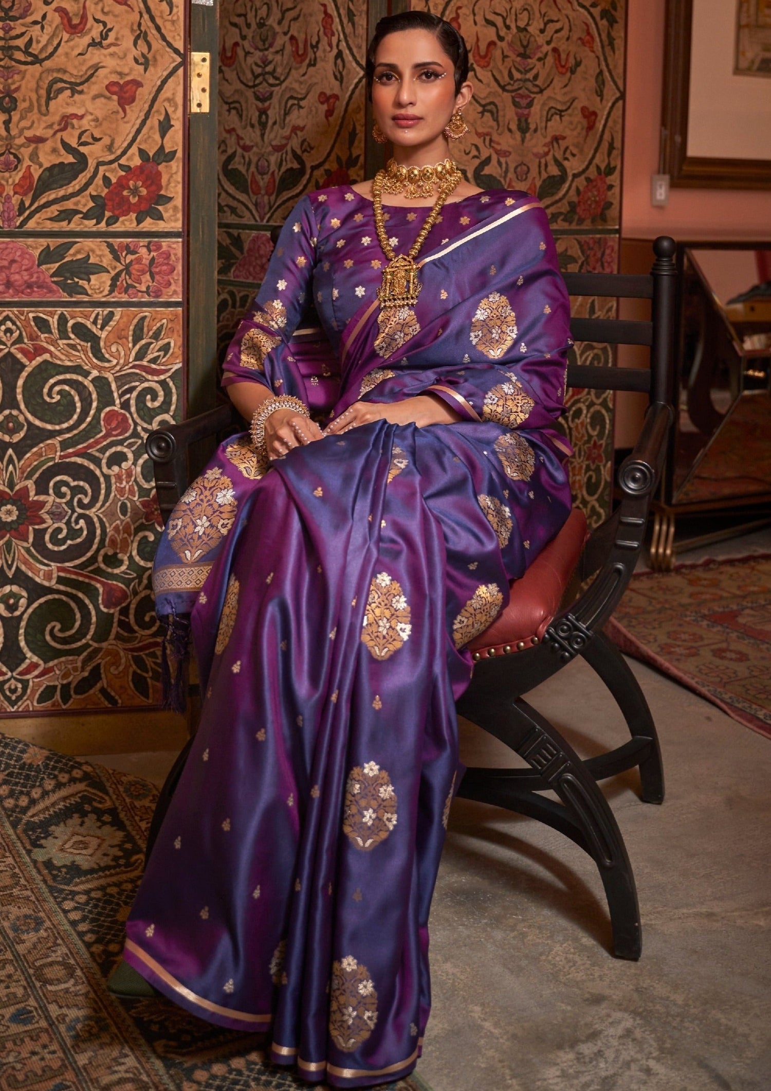 Purple banarasi satin silk sarees online shopping for wedding.