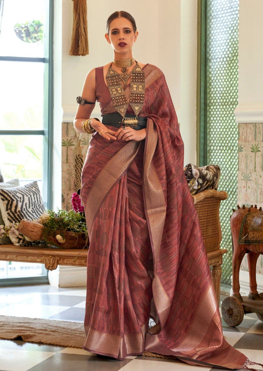Bollywood style Kalki Koechlin in brown organza saree online shopping.